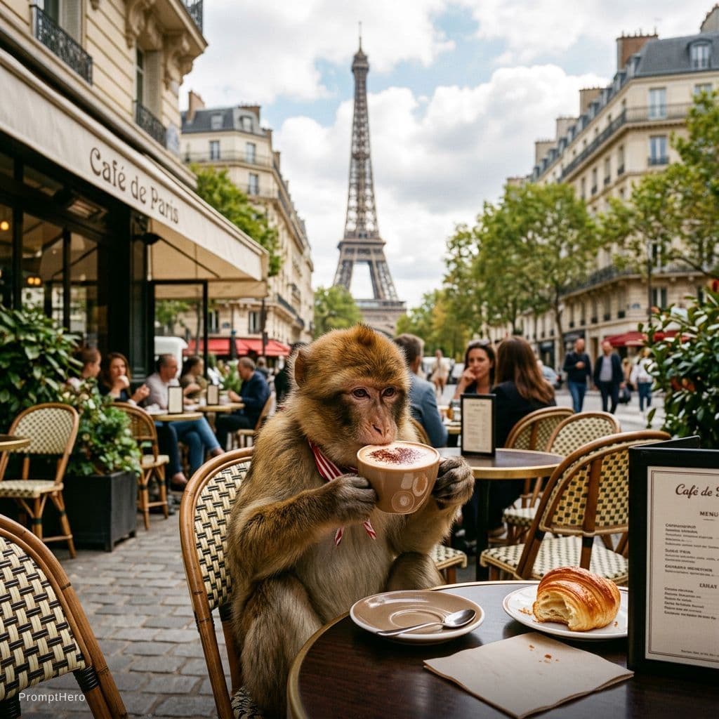AI generated: A monkey sipping a cappuccino in Paris