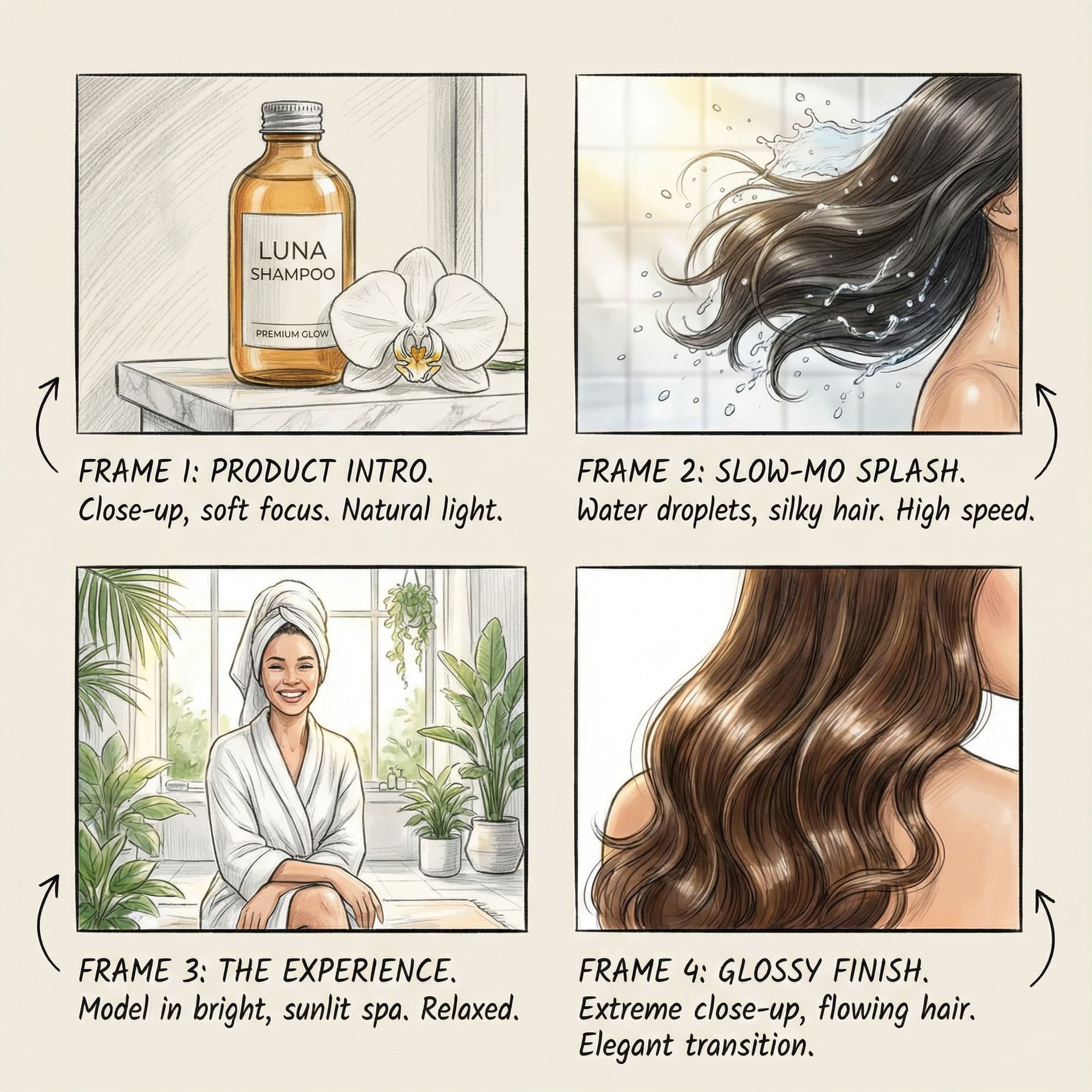 AI generated: A polished, advertising-style storyboard for a premium shampoo commercial: multiple frames showing c...