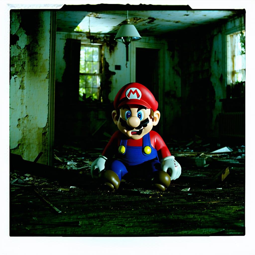 AI generated: grainy 80's photograph quality polaroid of tortured miserable mario caught in an abandoned house, da...