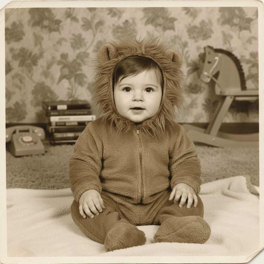 AI generated: make a baby picture from 1989, brown eyes, brown hair. lion costume