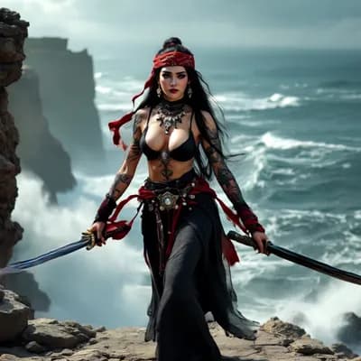 AI generated video: The woman raises her swords in a guard position, the wind moves her hair and clothes, the sea is sto...