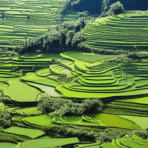 AI generated: Enter the serene world of "Harmony of Peaks and Fields," where majestic mountains embrace lush rice ...