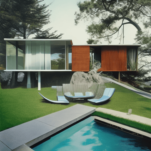AI generated: Hyper realistic eye level exterior photo of a mid century modern style house overlooking the ocean, ...