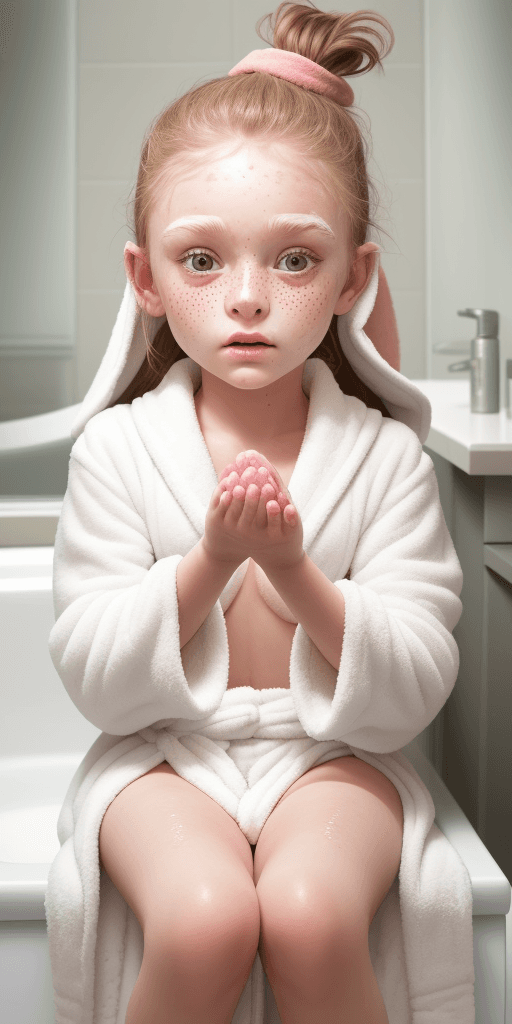 AI generated: slowly_taking_off_her_bathrobe_bottoms_with_her_hands_6_years_old_girl The girl has freckles on her ...