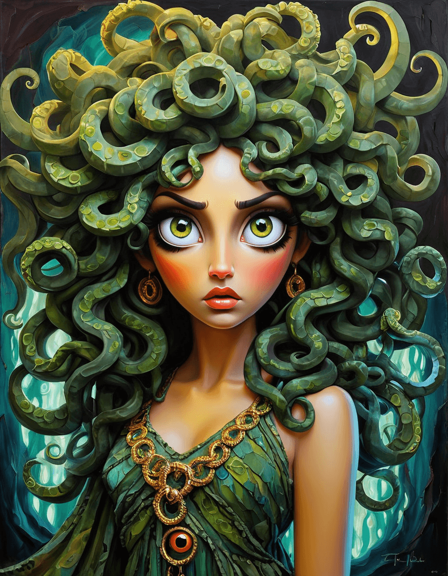 AI generated: bohemian art style painting, medusa, wearing torn rag dress, large evil glowing eyes, intricate deta...
