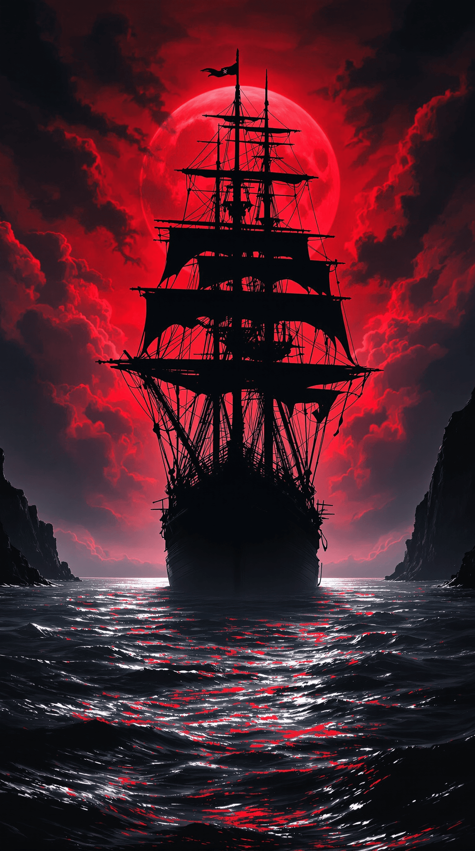 AI generated: A dramatic and eerie depiction of a large, silhouetted pirate ship with towering masts and sails aga...