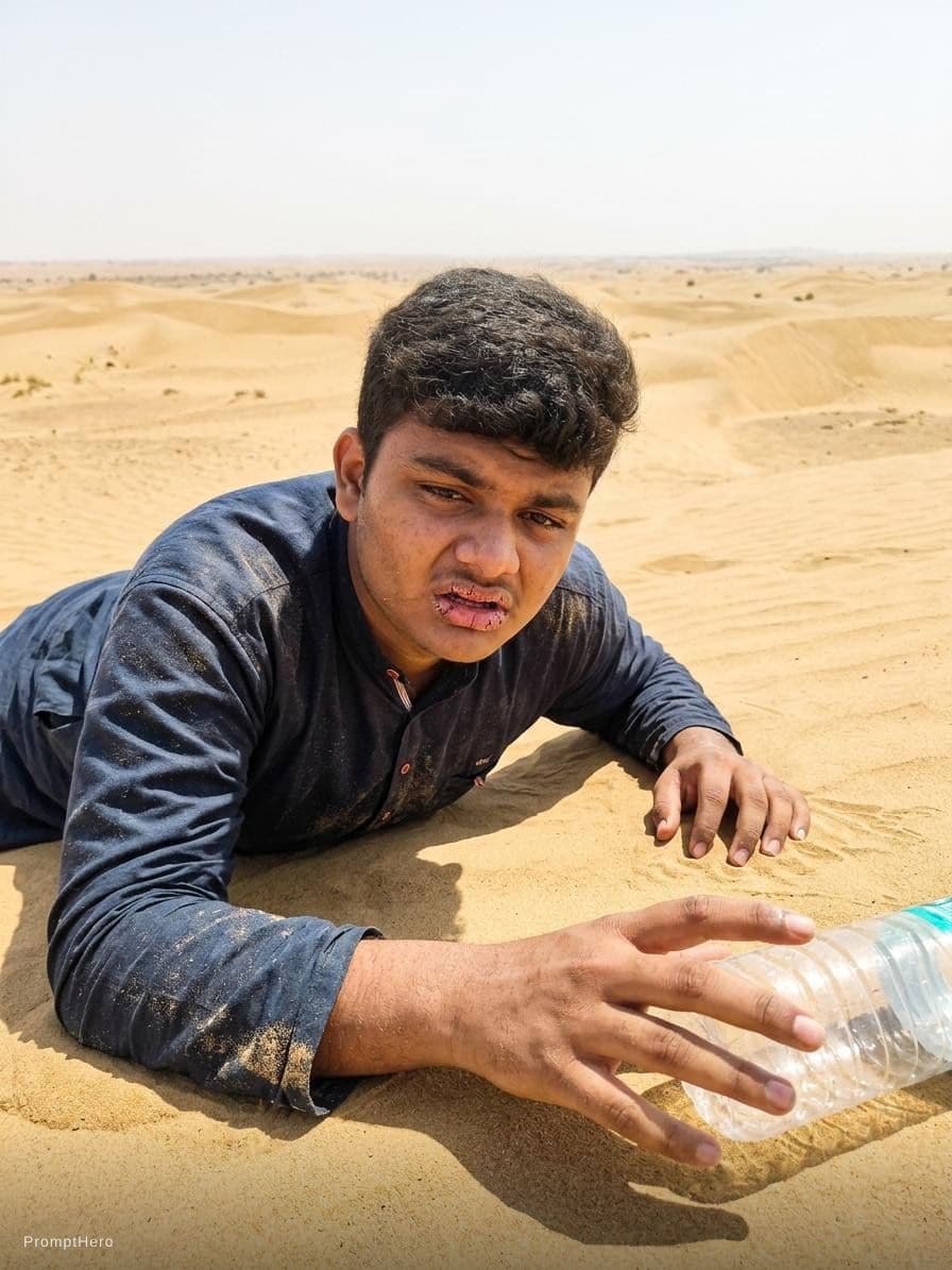 AI generated: A thirsty person lying on desert 