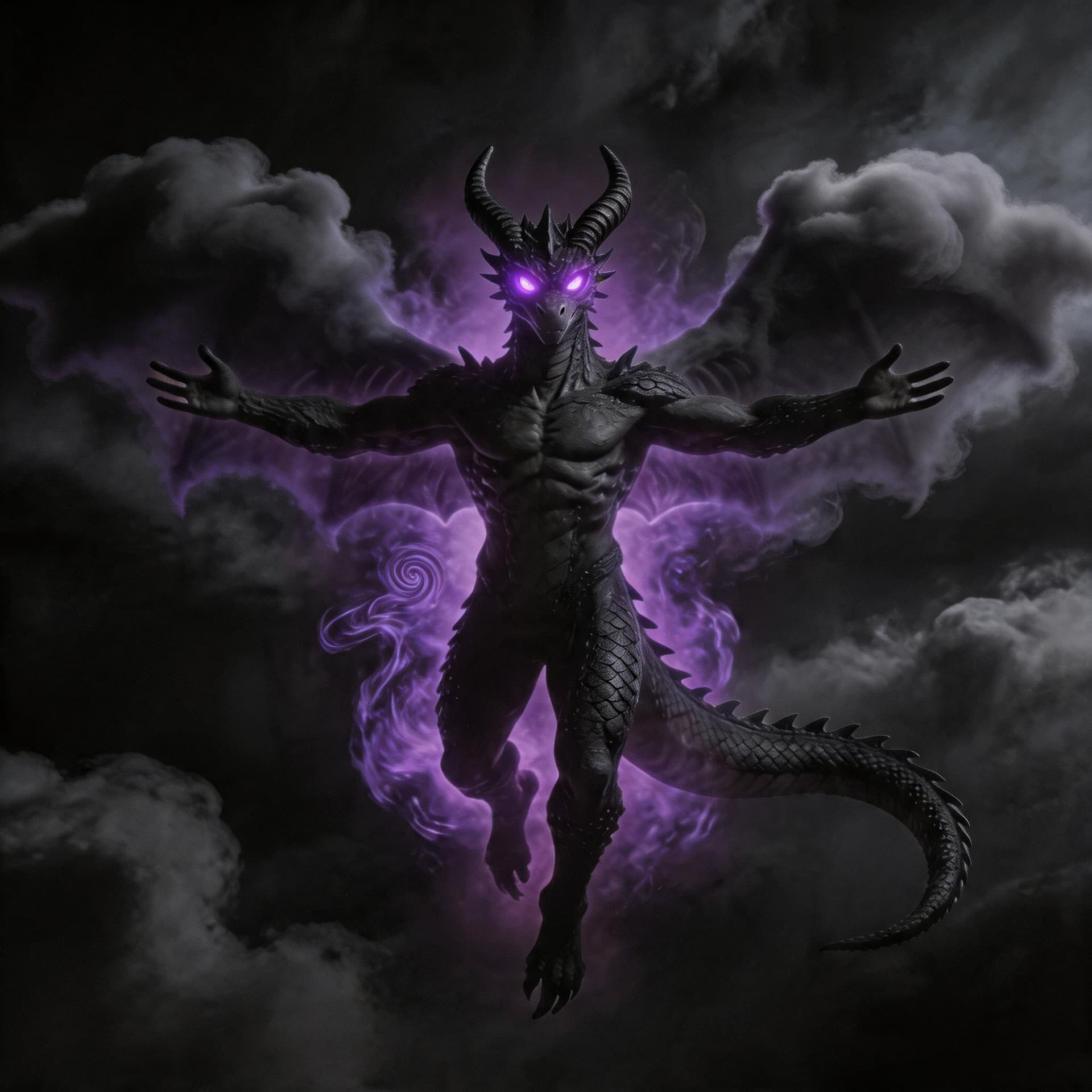 AI generated: Change the wings to have a black cloud look and make the horns black as well and make his eyes glow ...