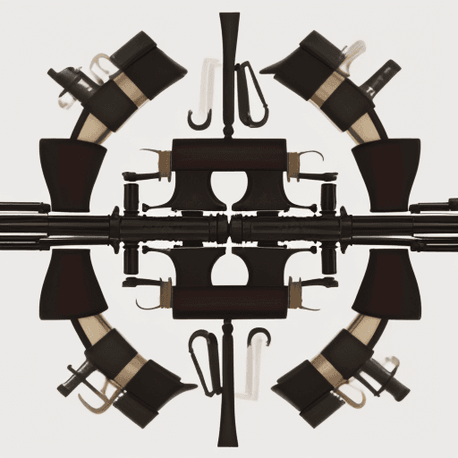 AI generated: an image of 2 rifles that cross in their middle in the shape of an A, the end of the barrel of the r...