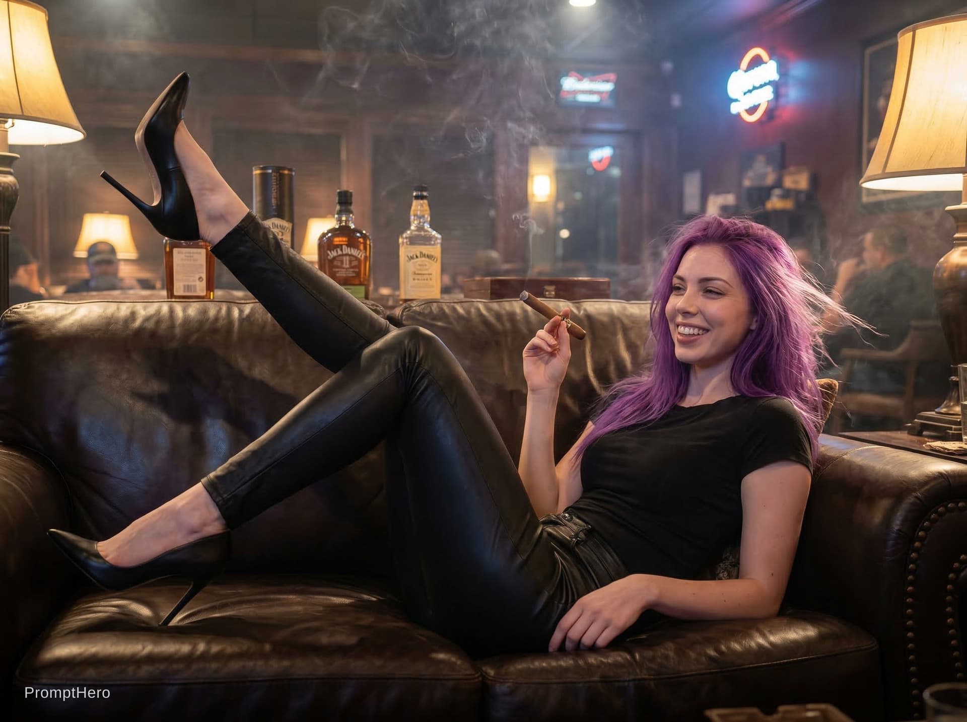 AI generated: New HD Image In a SMOKEY cigar lounge laying back on a leather couch, she is wearing a skin tight co...