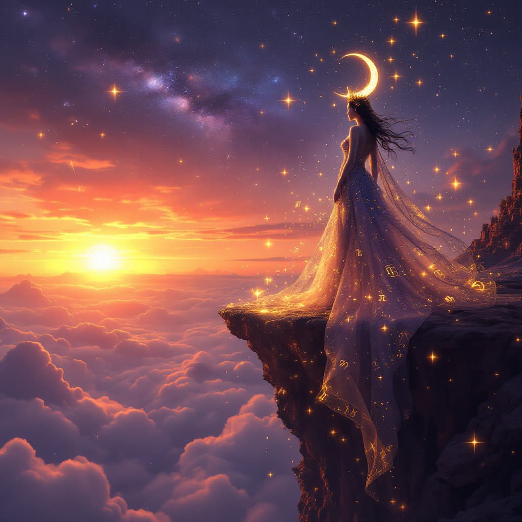 AI generated: A celestial queen standing on the edge of a floating cliff at sunset, overlooking a glowing, ancient...