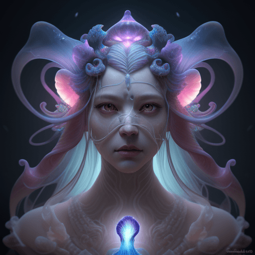 AI generated: Goddess close-up portrait ribcagel. jellyfish phoenix head, nautilus, orchid, skull, betta fish, bio...