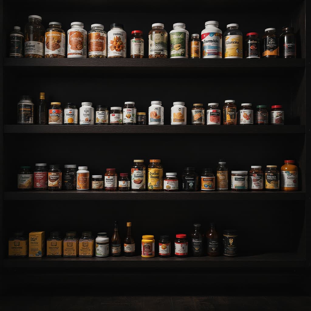 AI generated: Darker photography of shelves with different vitamins supplements