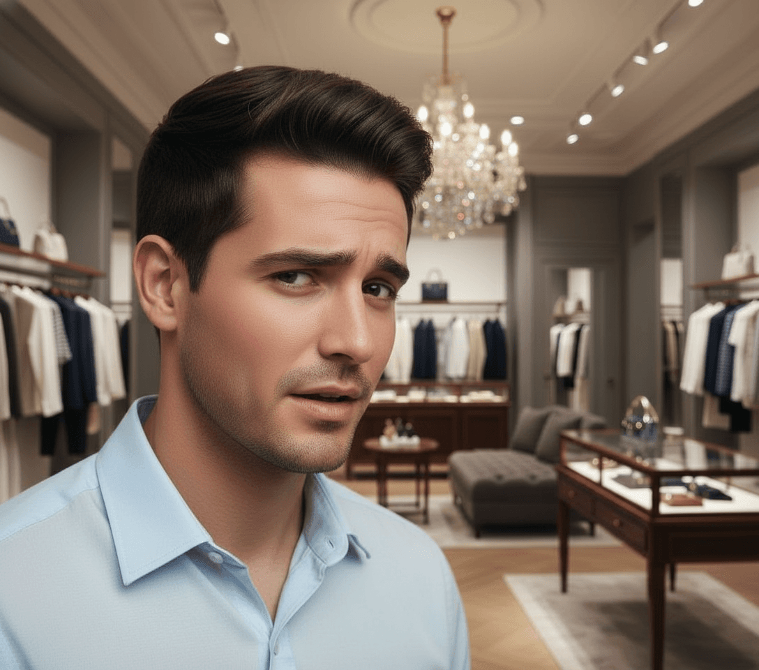 AI generated:  At a very luxurious clothing store. The Hispanic male is slender, he is 5 feet tall, he is wearing ...