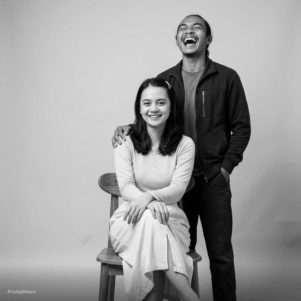 AI generated: Black and white highly detailed studio portrait photography: a girl is sitting on a chair in the cen...