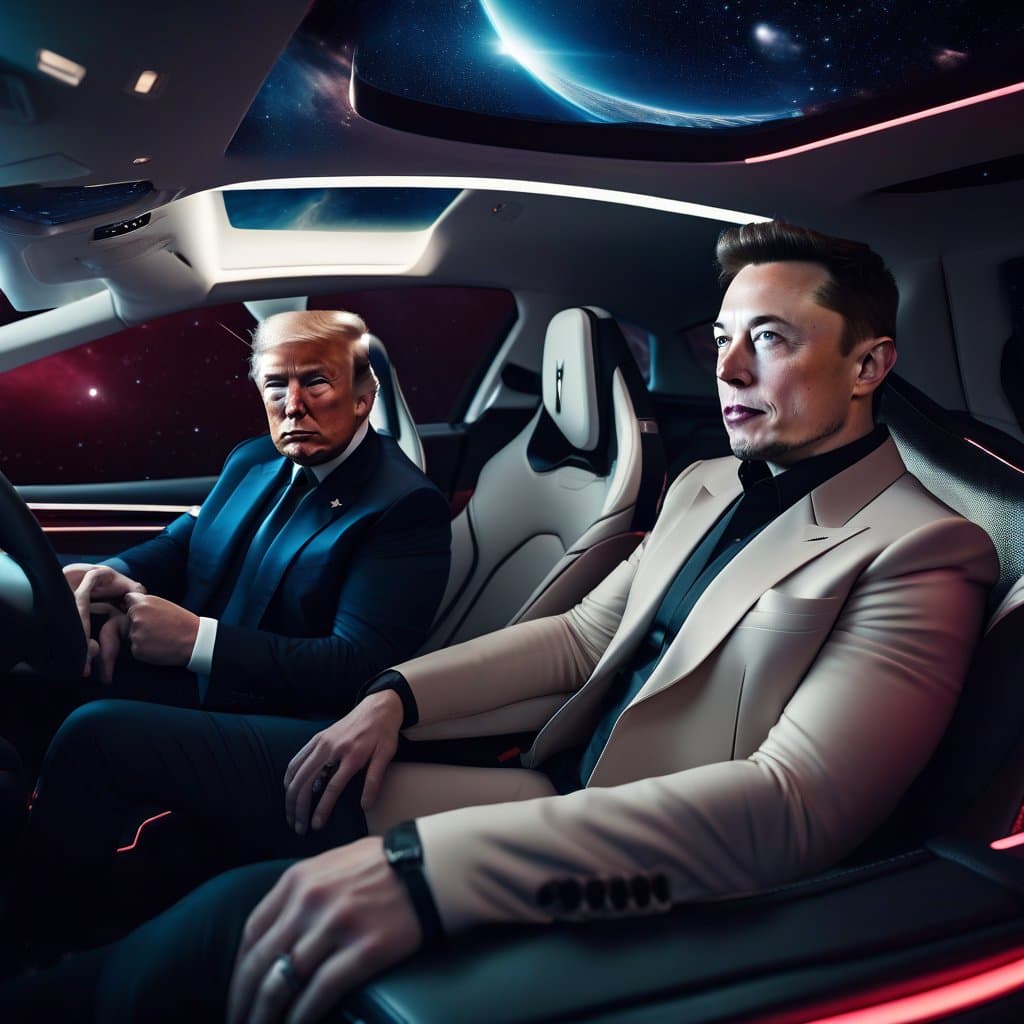 AI generated: Fraudsters of a cosmic scale. Trump and Elon Musk in Tesla in Space. Hairstyle (haircut), pose for a...
