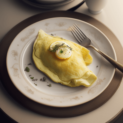AI generated: Food photography, An egg with potato omelet texture upright, top view, in a luxurious Michelin style...