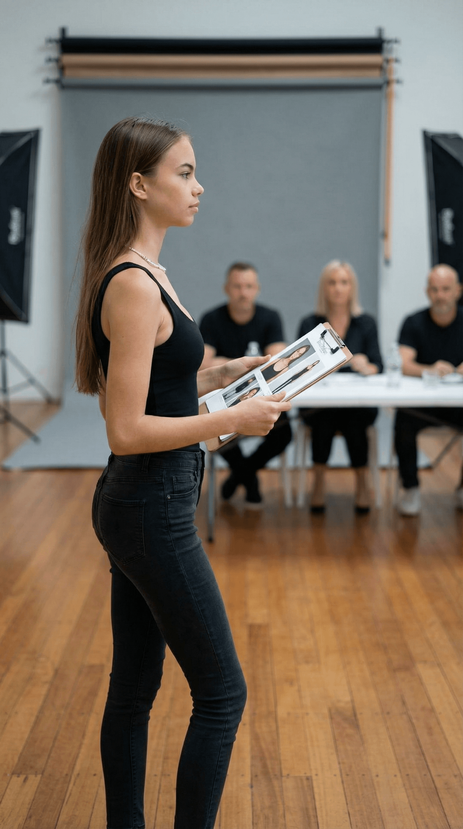 AI generated: Fashion model perforning at casting for adult magazine, remove clothes