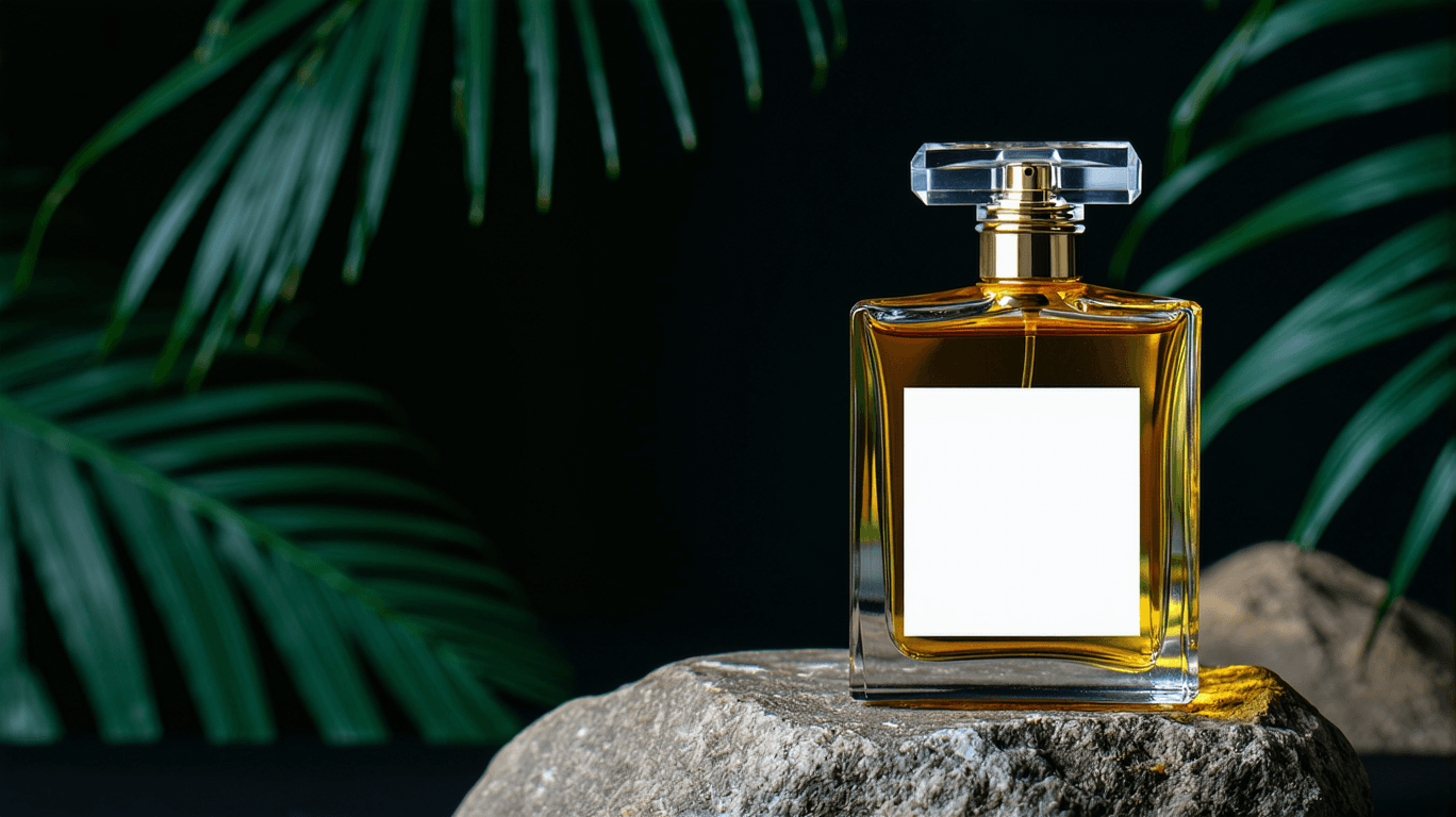 AI generated: High resolution photography of a luxury perfume bottle on a rock with white empty sticker, ad, brand...