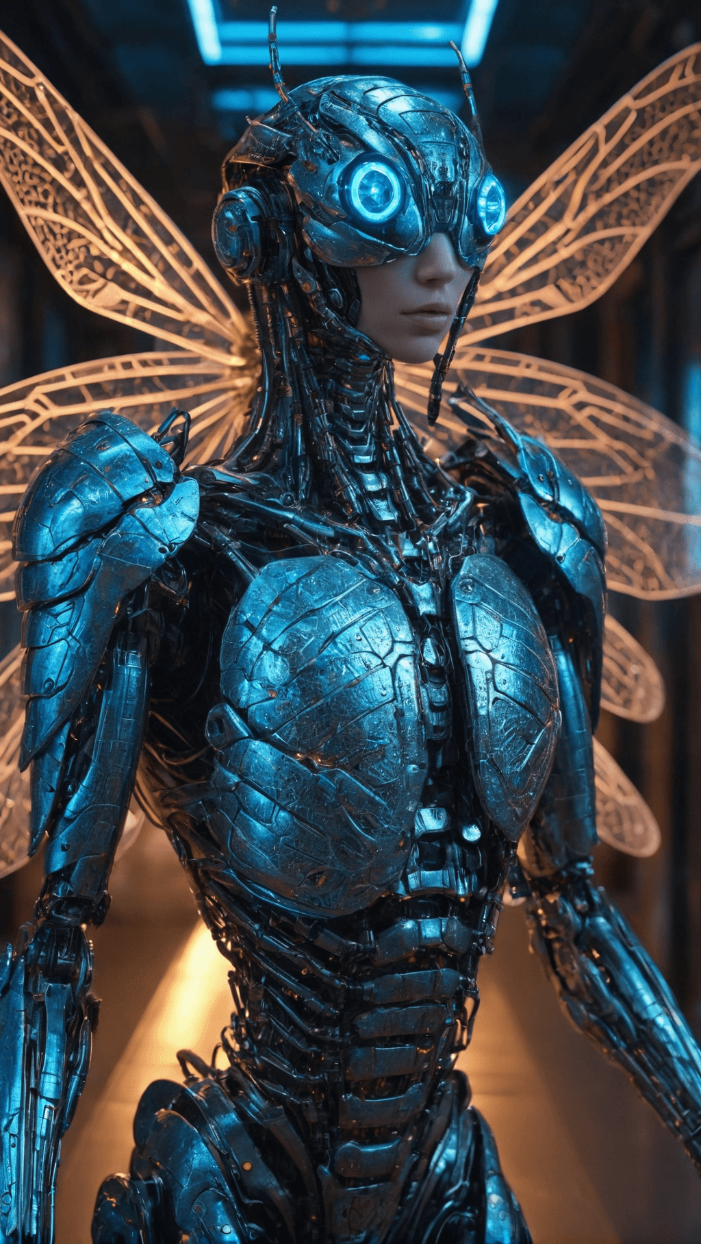 AI generated: Ultra-detailed cyborg in a spaceship (blue eyes), with anthropomorphic cybernetic elements on metal ...