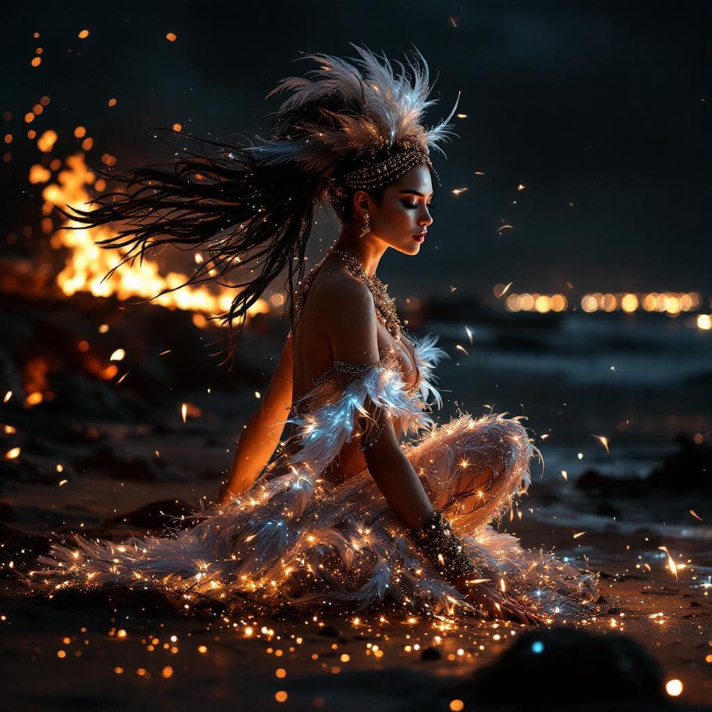 AI generated: dancer with feathers and jewelry at night on the beach by the fire in the style of magali villeneuve...
