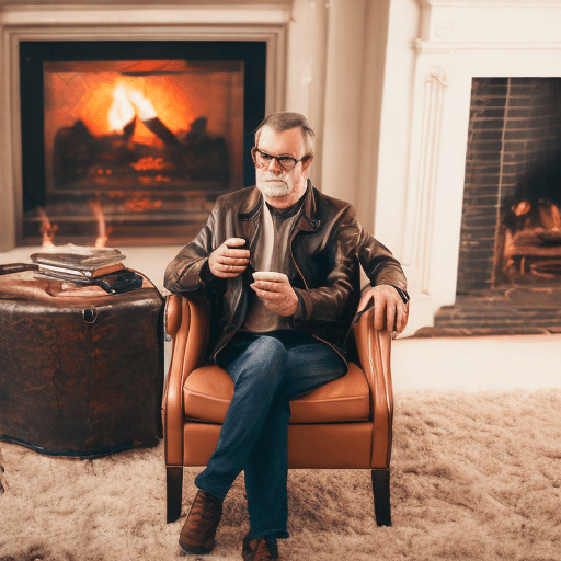 AI generated: kind wise father, wearing a leather jacket, sitting in a chair by the fireplace, in front of the fir...