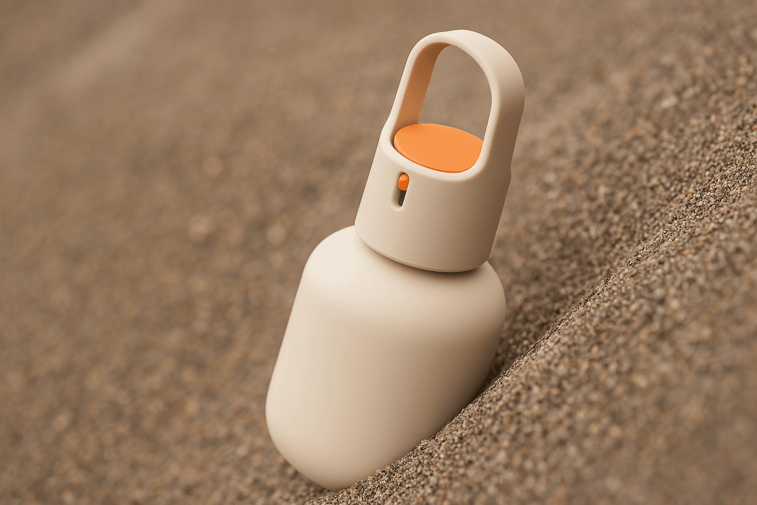AI generated: A minimalistic, modern cream-colored bottle with a matte finish, placed diagonally on a textured san...