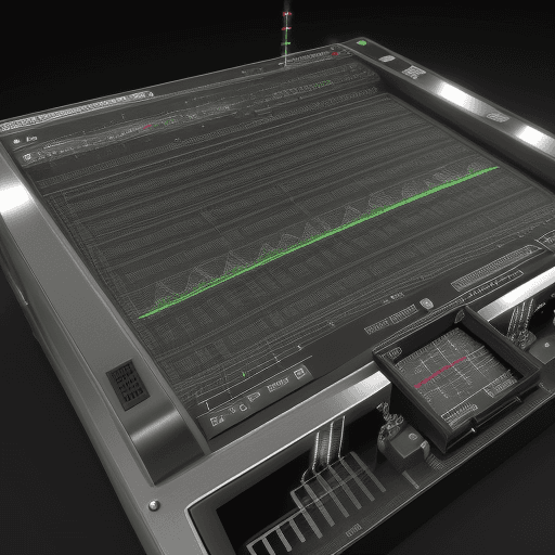 AI generated: High resolution render sine wave into a complex machine that produces a stream of digital 1s and 0s 