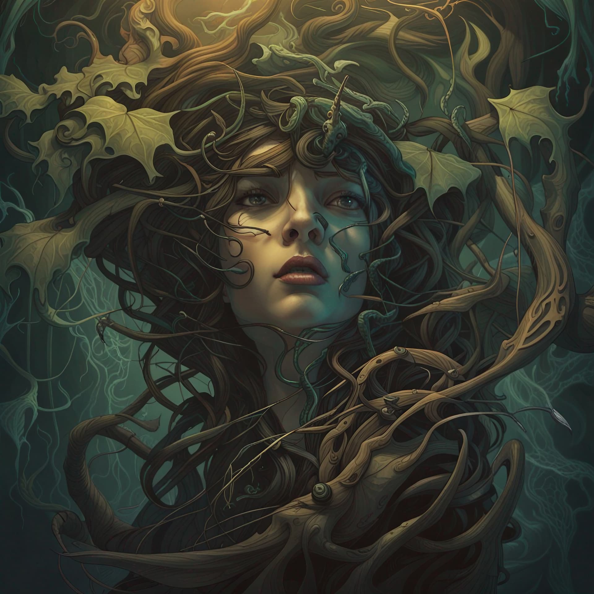 AI generated: ivy, creepy, art by aaron horkey, smoke, Sci-Fi, liquid, art by peter mohrbacher, vfx, detailed face...