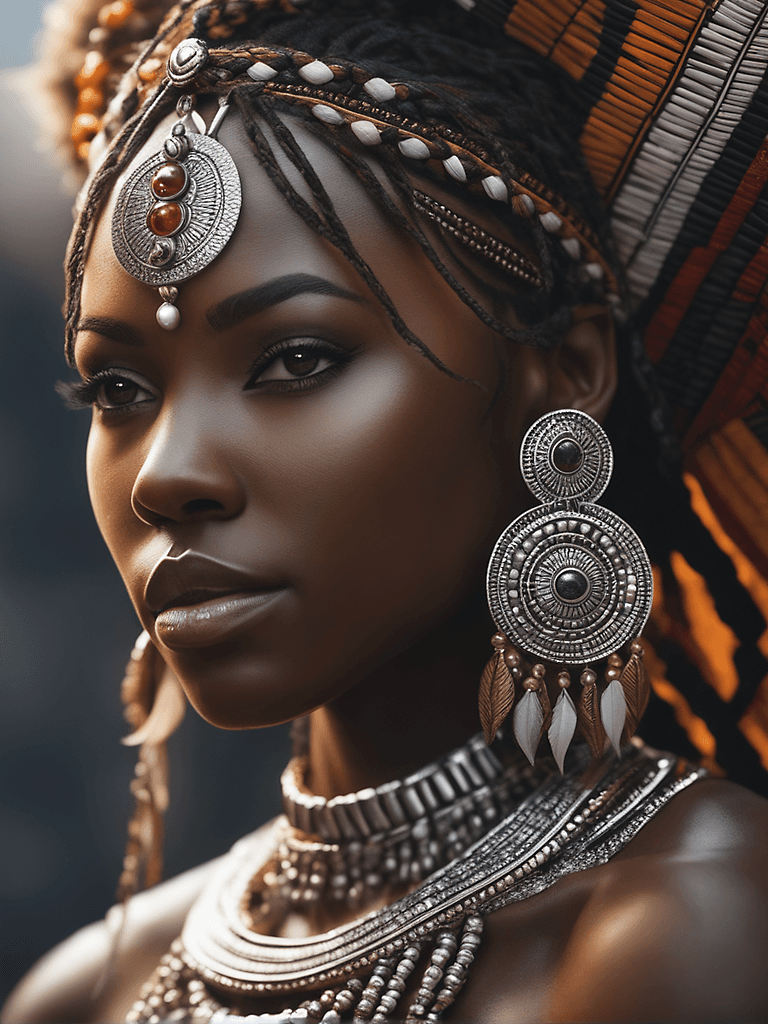 AI generated: intricate closeup shot, masterpiece artwork, black skin-tight body, tribal, suit, white accent, deta...