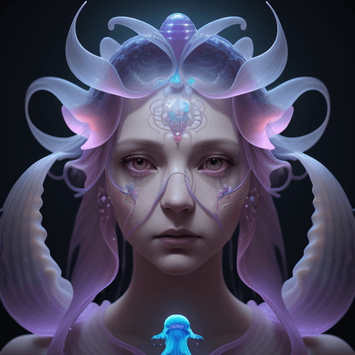 AI generated: Goddess close-up portrait ribcagel. jellyfish phoenix head, nautilus, orchid, skull, betta fish, bio...