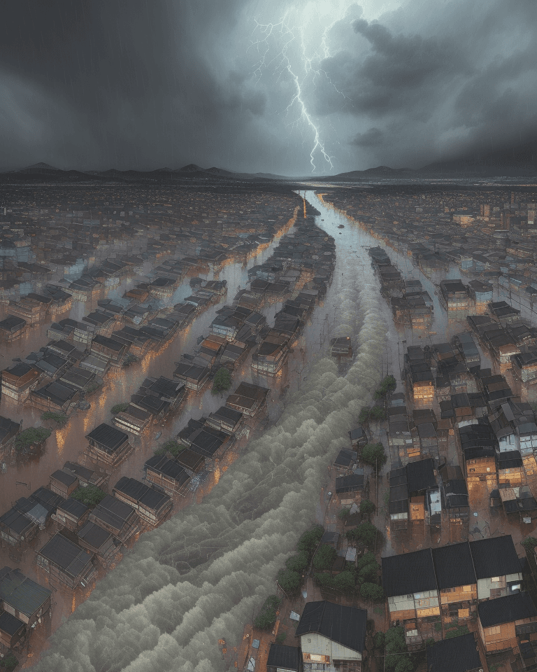 AI generated: A heavy storm and flooding of a slum area,
rain,typhon,
litter,
rapid river water,
intricate detail,...