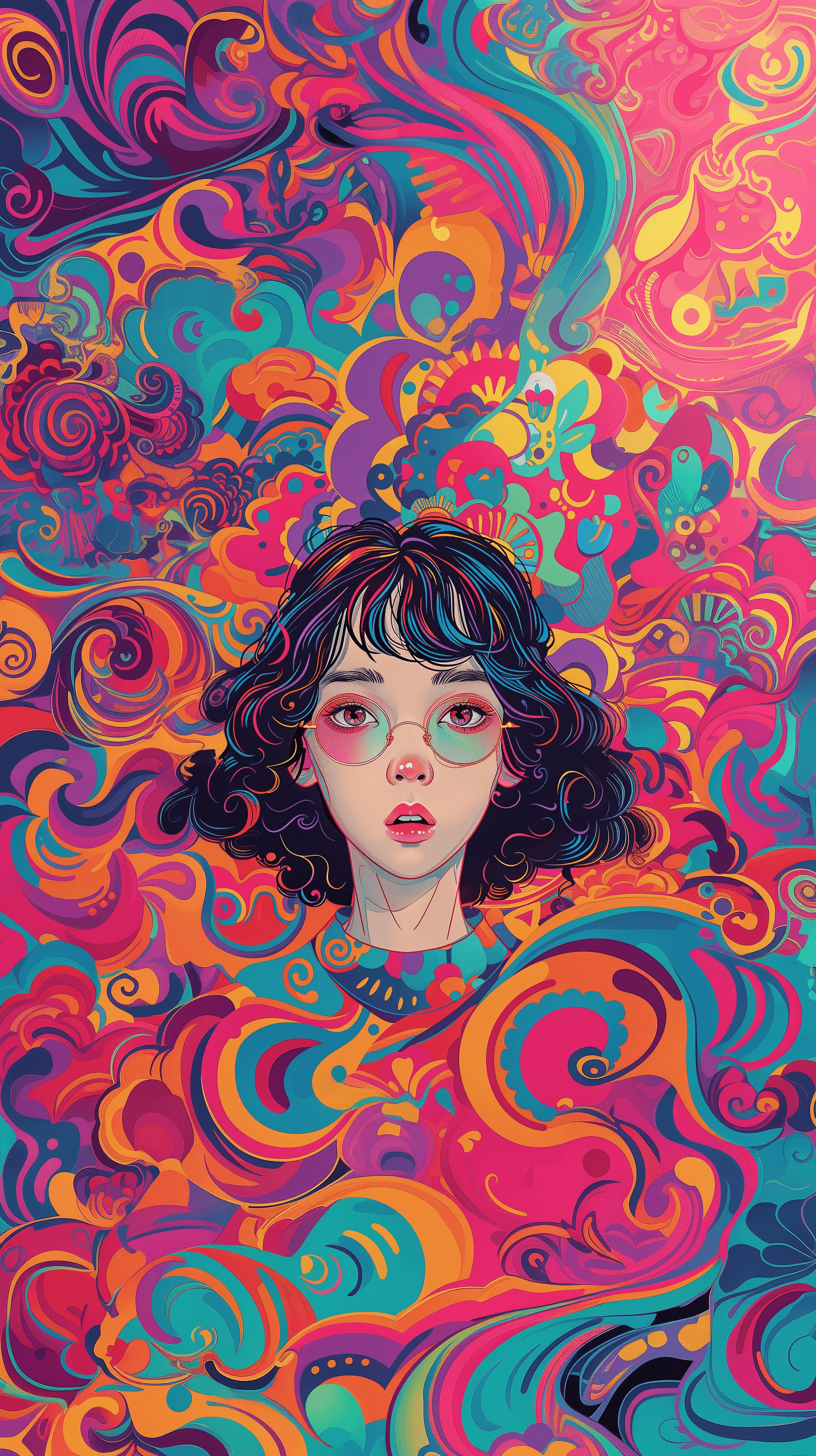 AI generated: illustration, artistic art, upper-body, girl, front, gaze, consisting of randomly vibrant colors, ro...