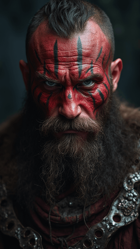 AI generated: hyperrealistic style, portrait photo of a Viking warrior chief, tribal panther make up, red on black...
