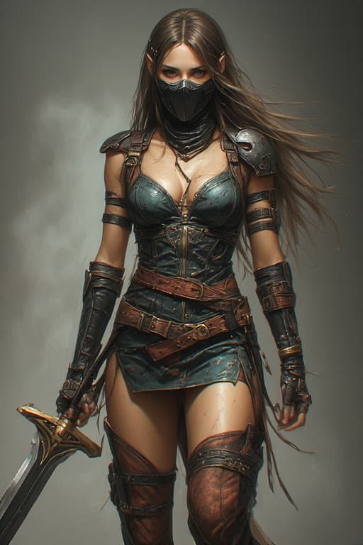 AI generated: A fierce female warrior standing confidently, wearing a black tactical mask that covers her nose and...