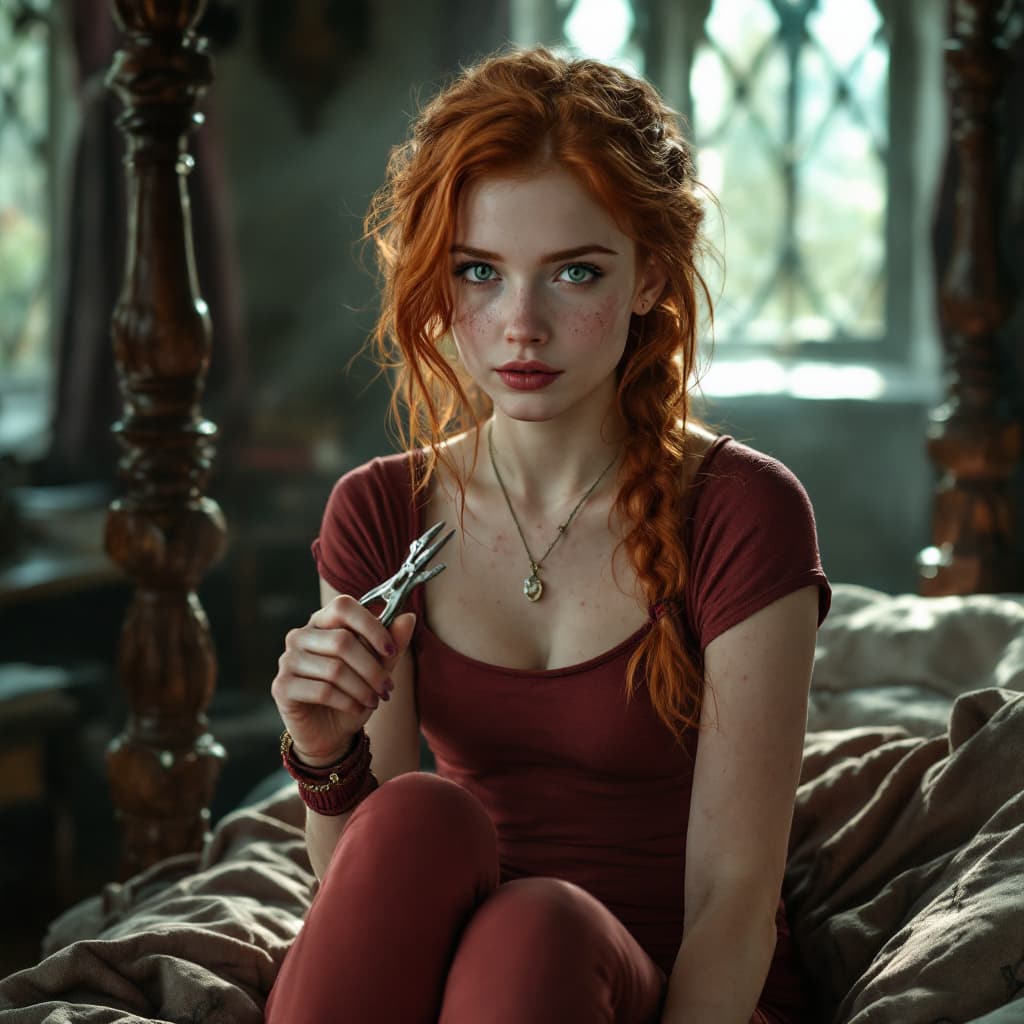 AI generated: realistic photo of a red haired young lady with green eyes and pale skin, sitting in the middle of h...