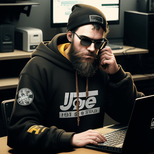 AI generated: hacker, darkroom, coder, computer, man, medium beard, cool, grunge, (typing), ultra detailed detaile...