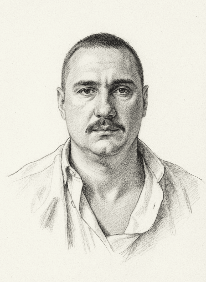 AI generated: young man with mustache and short hair, wearing white tunic, drawing in the style of Da Vinci, black...