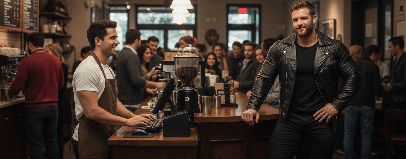 AI generated: Male Hispanic barista 5' 1" tall, at a coffee shop behind the counter typing on the computer-registe...