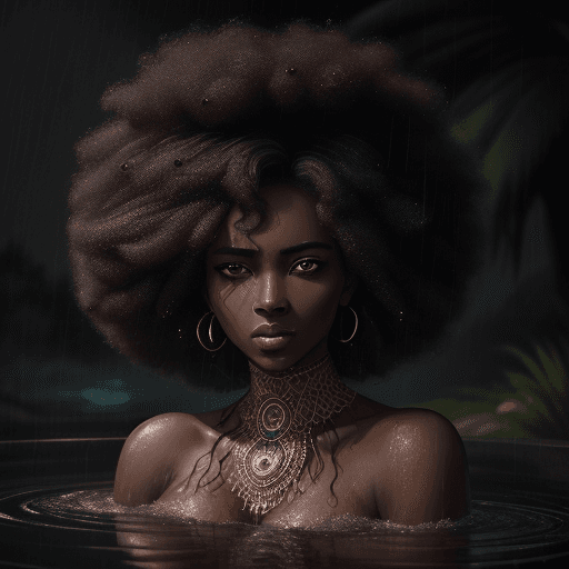 AI generated: An exquisite portrait of an African woman with light ebony skin and a realistic afro hair bathing in...
