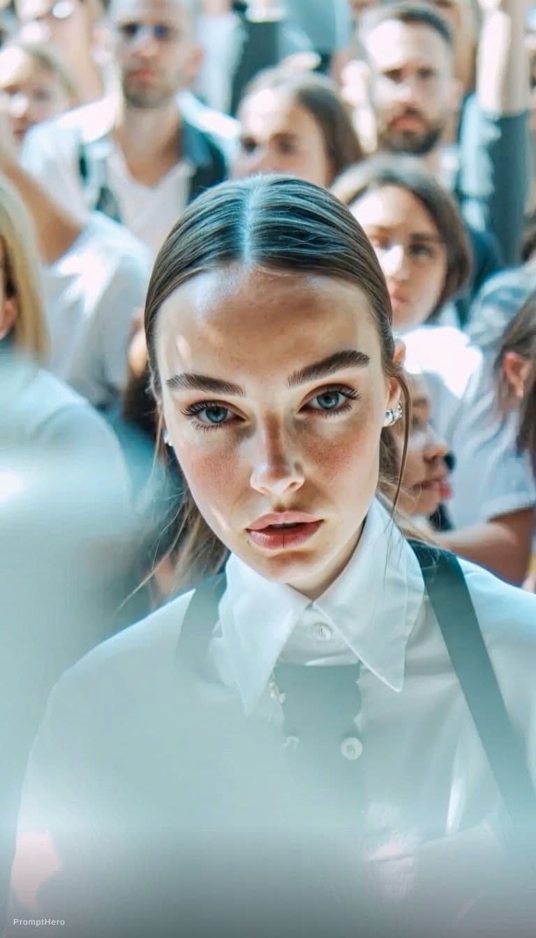 AI generated: Paparazzi-style extreme close-up photo of a woman with striking facial features, caught off-guard wh...