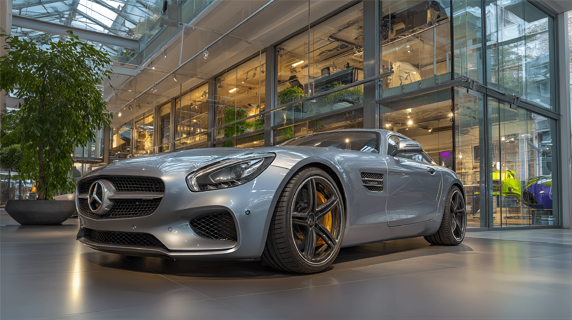 AI generated: HDR photography, a sports car showcased in a showroom, prestige, interaction with showroom lighting,...