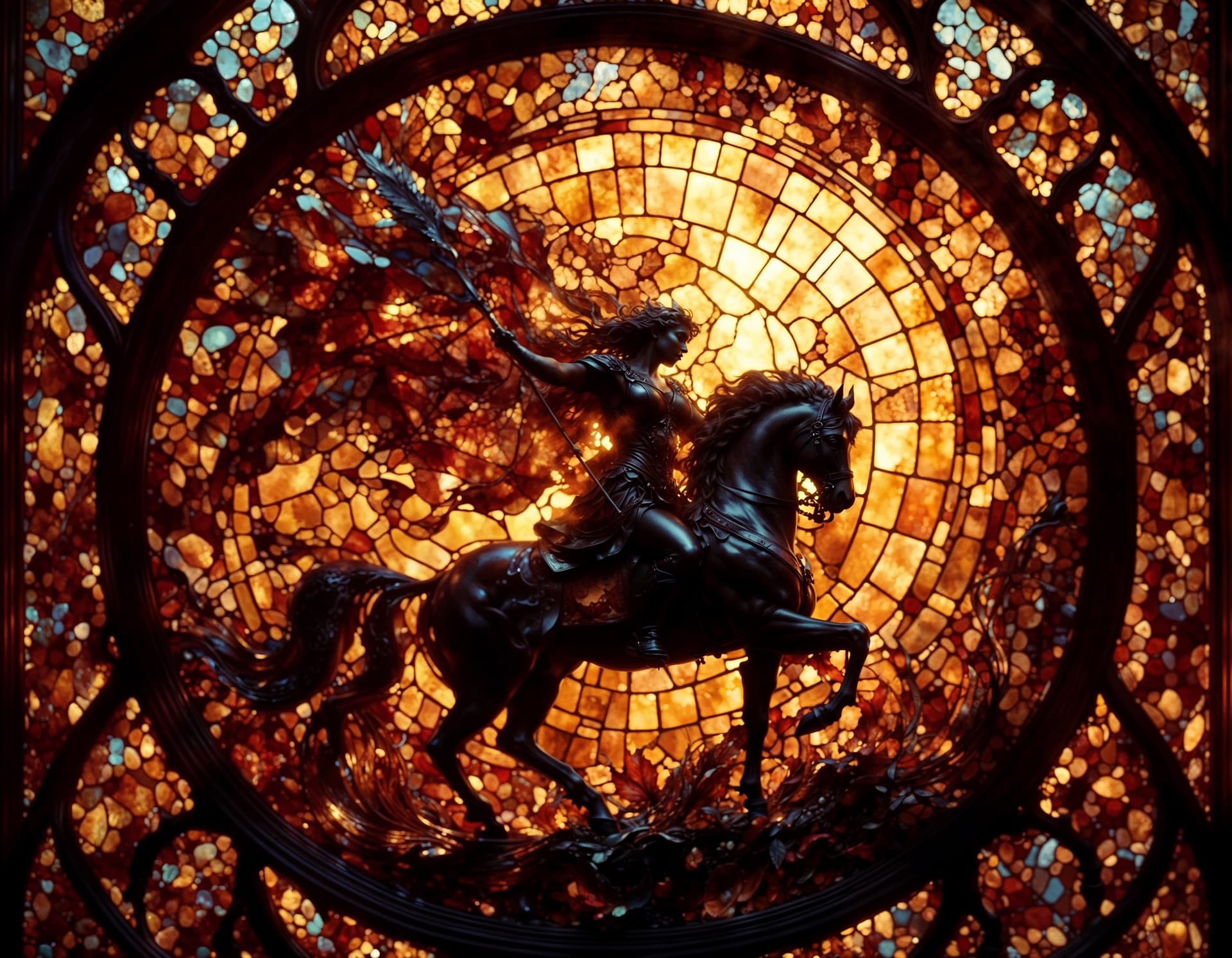 AI generated: <lora:Mnemcore:1.0> <lora:Mystic Mosaics:1.0> A stained glass window depicting a majestic warrior| S...
