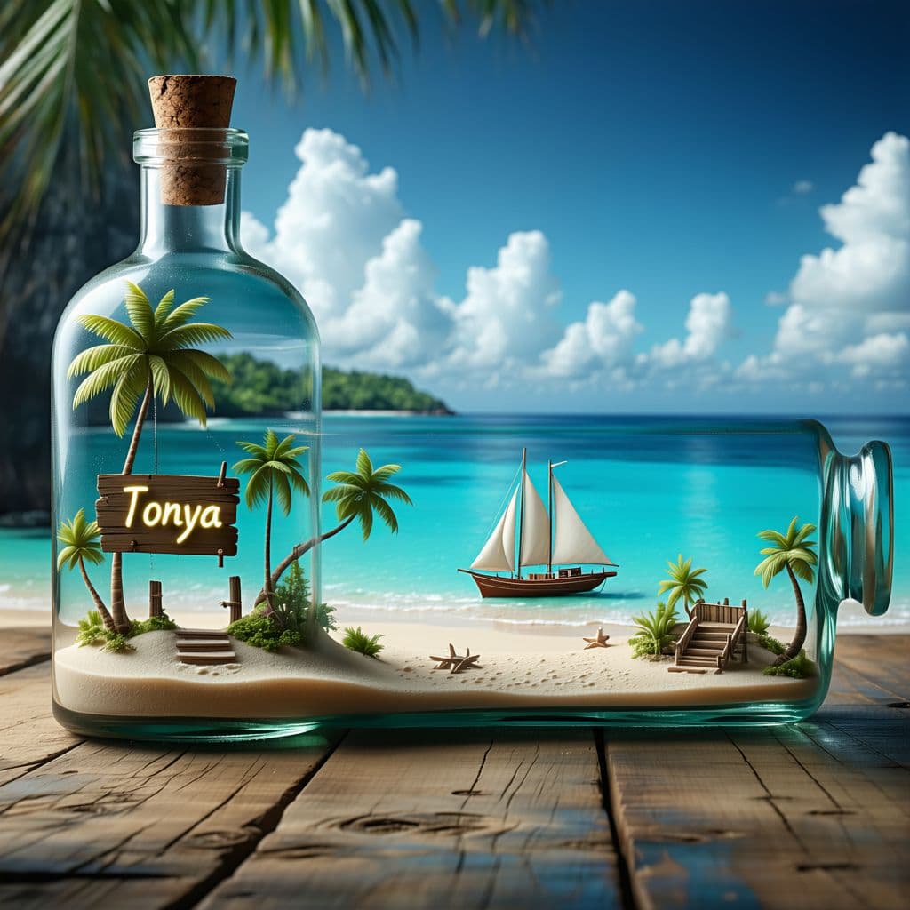 AI generated: Create a realistic image of a ship in a bottle that contains a detailed beach scene. Inside the bott...