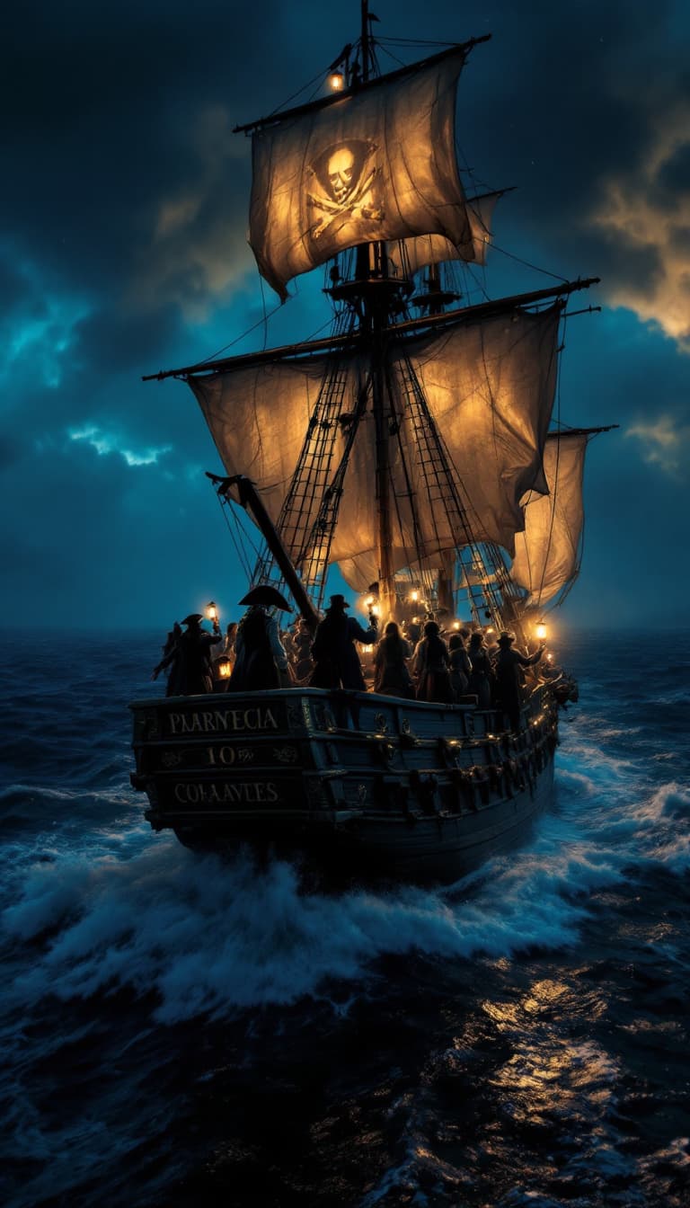 AI generated: A night time shot out on a stormy sea on an elaborate 1800s Spanish sailing treasure ship full of pi...