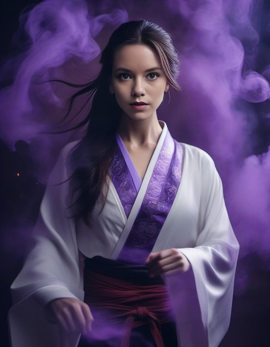 AI generated: a chinese beauty human, sharp eyes, clear facial reatures, dressed in Hanfu, in battle, in the middl...