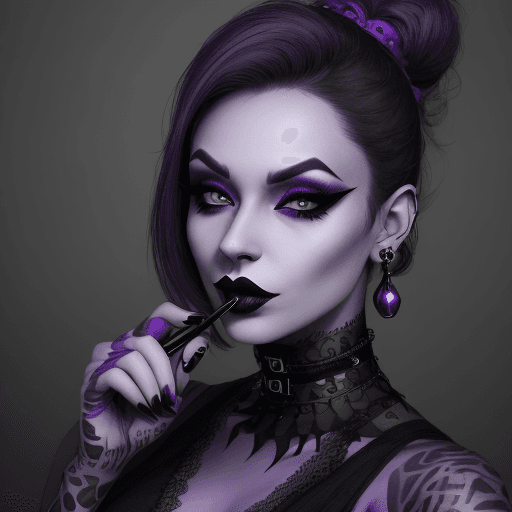 AI generated: A woman with purple skin wearing black lipstick and heavy eyeliner