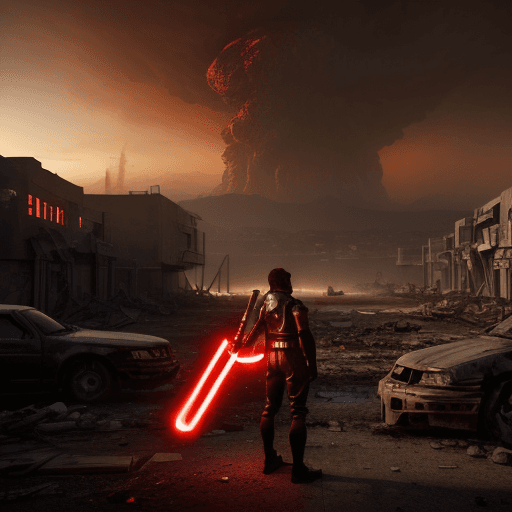 AI generated: Photo of a shadow figure holding ultra realistic red lightsaber in front of a destroyed city with ho...