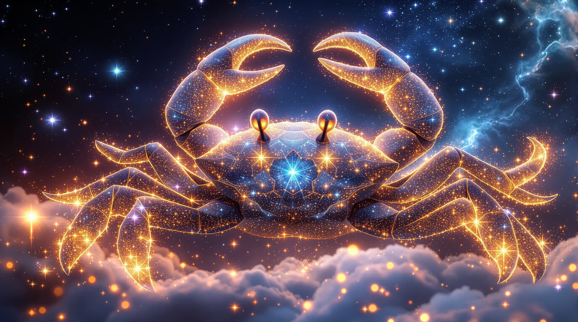 AI generated:  Image is a digital artwork featuring the zodiac sign of the crab made with 3d fractal lights, a the...