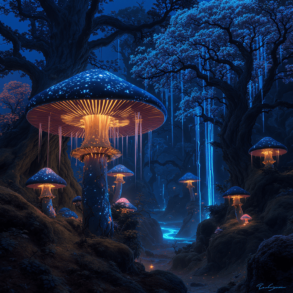 AI generated: A mystical forest at twilight, giant glowing mushrooms, bioluminescent trees and streams of shimmeri...